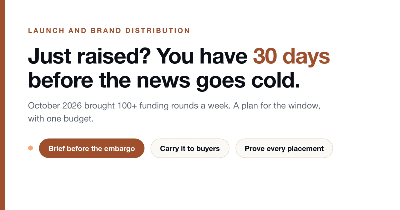 Headline: you just raised, now you have 30 days. Below it, three steps of the plan: brief before the embargo, carry it to buyers, prove every placement.